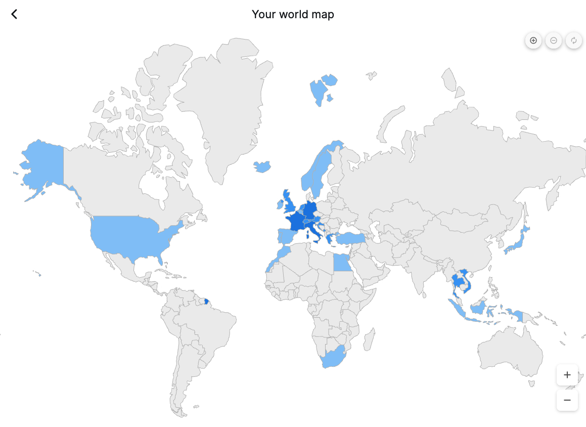 Interactive world map with visited countries highlighted and travel statistics