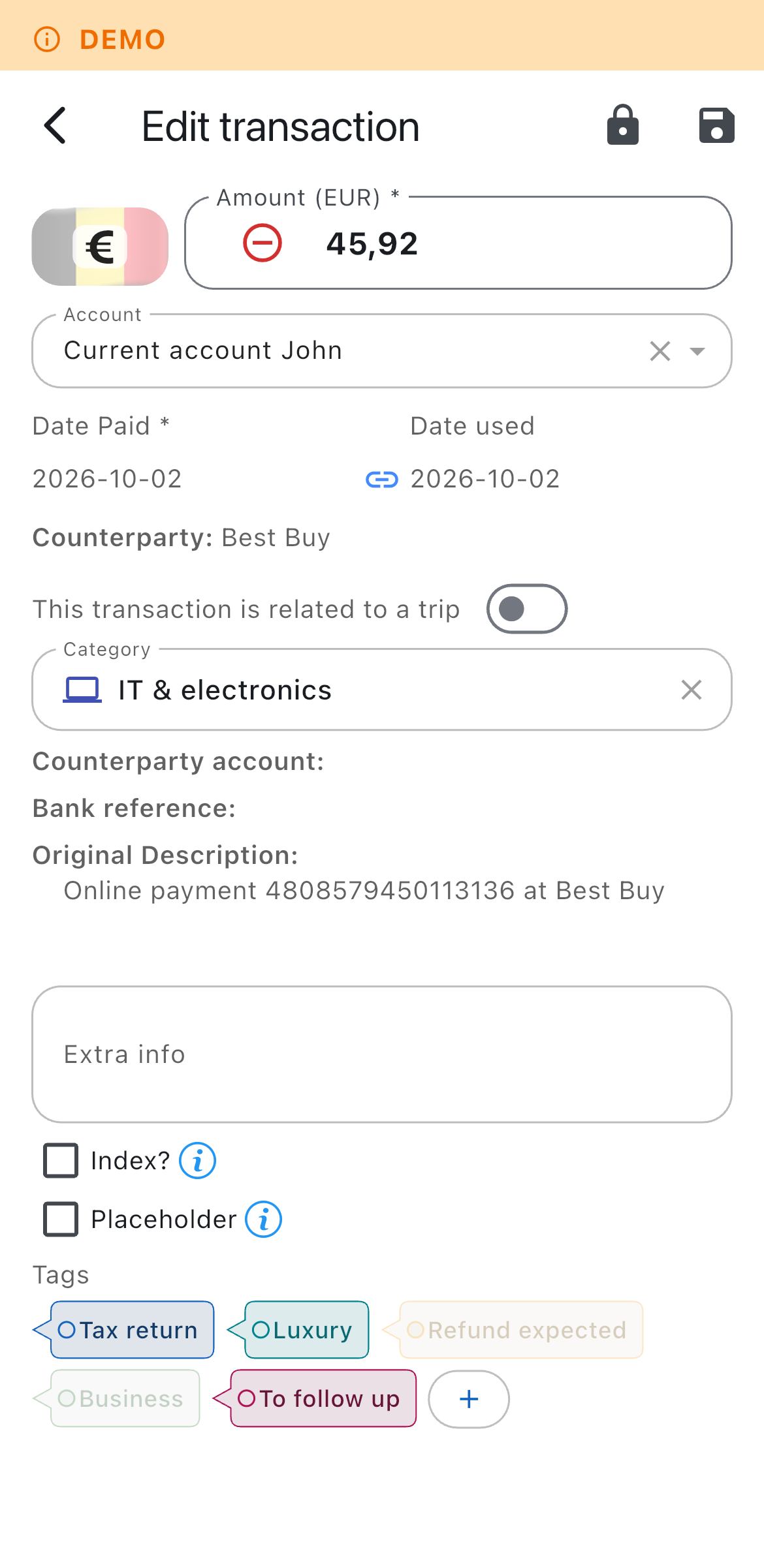 Compact transaction list on a phone, showing counterparty, description and amount per row