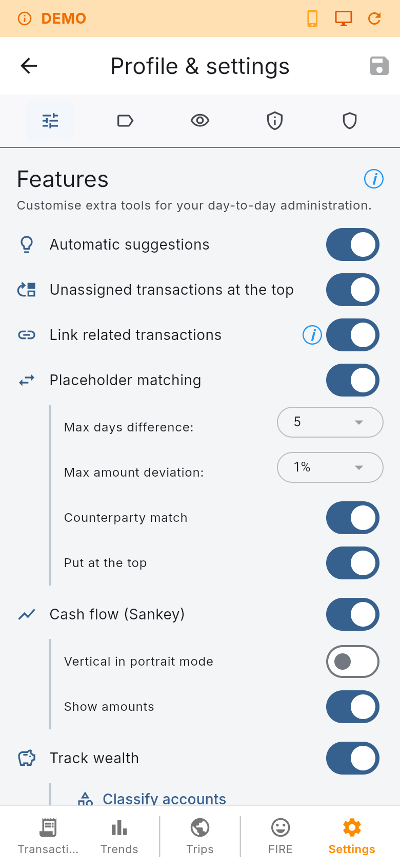 Feature settings on a phone with individual toggles per module