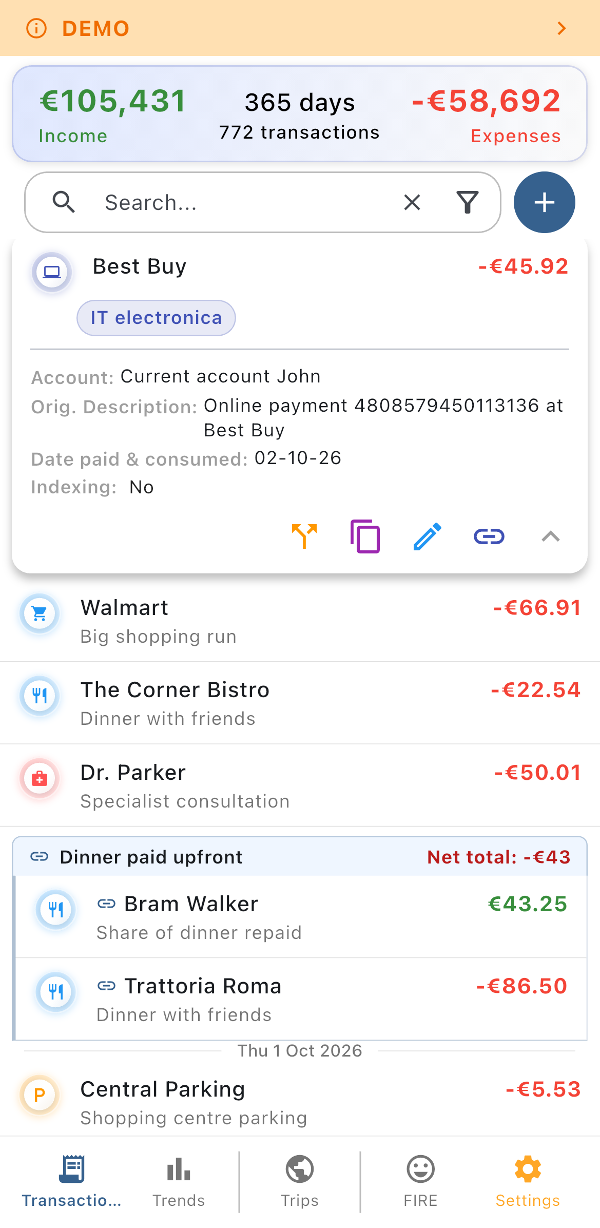 Fi.Art transaction list on a phone, with one transaction expanded