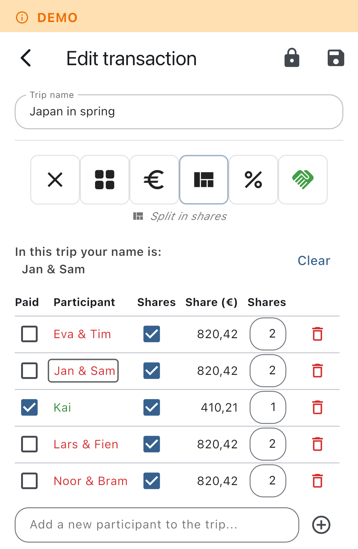 Shared expense settings for a single trip transaction on a phone